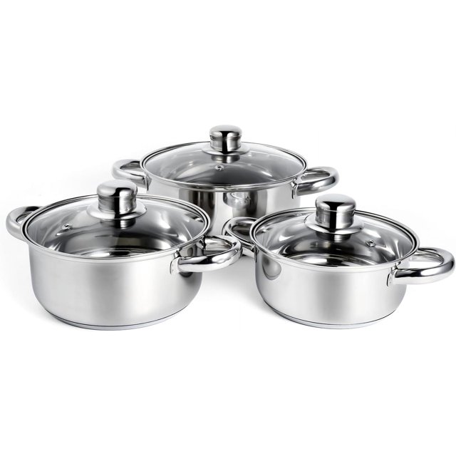 6-Piece Kitchen Cookware Sets with Glass Lids, Stainless Steel Cookware Pot Sets with Stay Cool Handle, Non-Stick Saucepans, Dishwasher/Oven Safe, Compatible w/Induction/Electric/Gas Cooktops