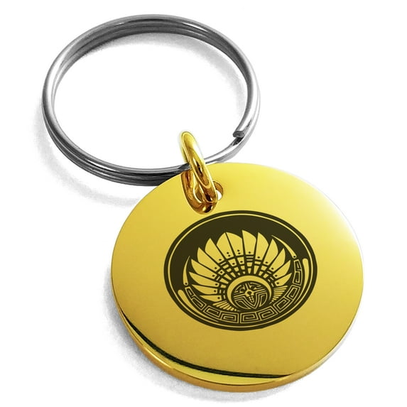 Stainless Steel Mayan Quetzalcoatl Headdress Rune Engraved Small Medallion Circle Charm Keychain Keyring