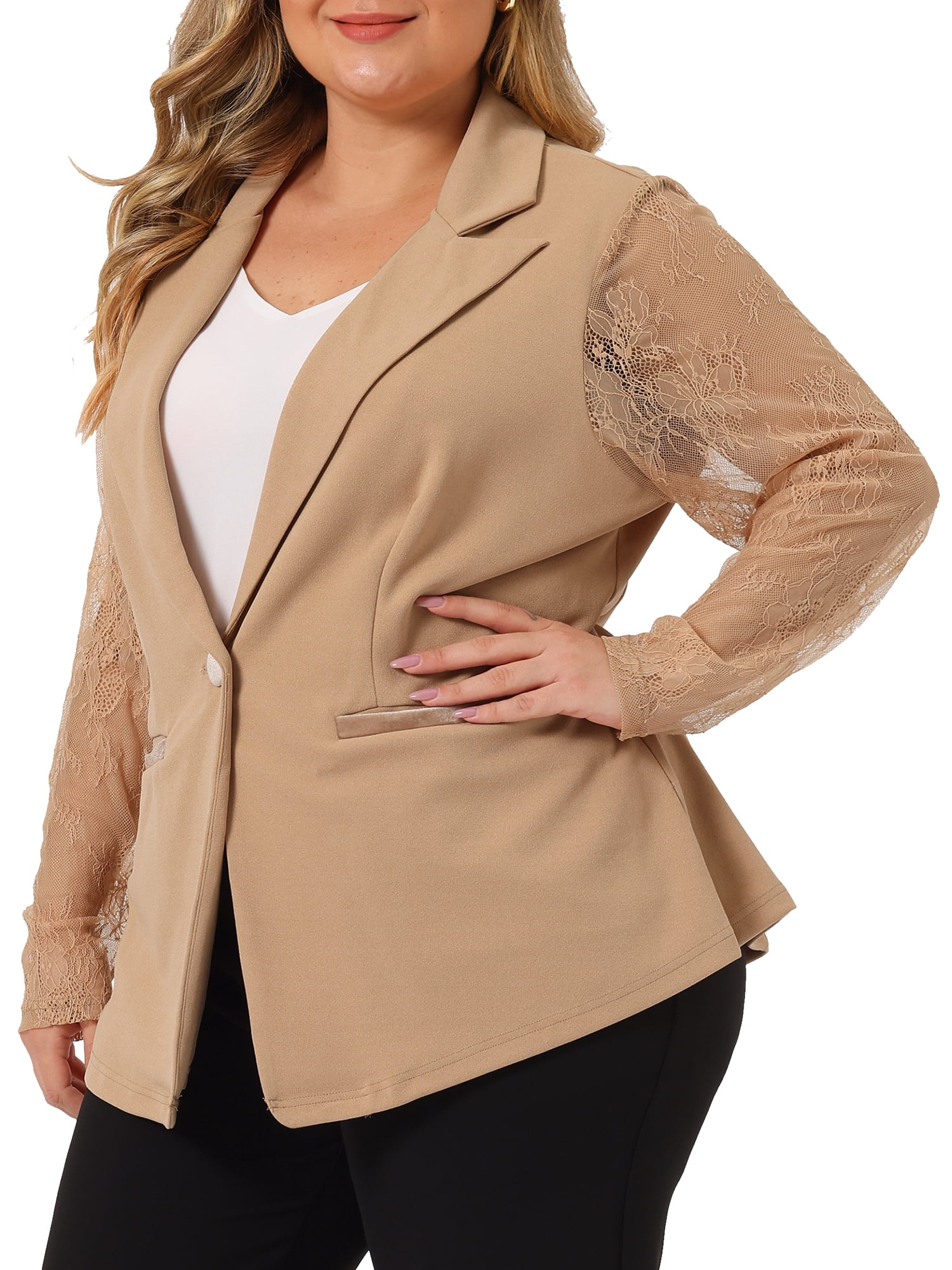 Unique Bargains Women's Plus Size Work Notch Lapel Lace Front Blazers Jackets 4X Khaki