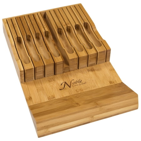 

In-Drawer Bamboo Knife Block Holds 16 Knives (Not Included) Without Pointing Up PLUS a Slot for your Knife Sharpener! Noble Home & Chef Knife Organizer Made from Quality Moso Bamboo