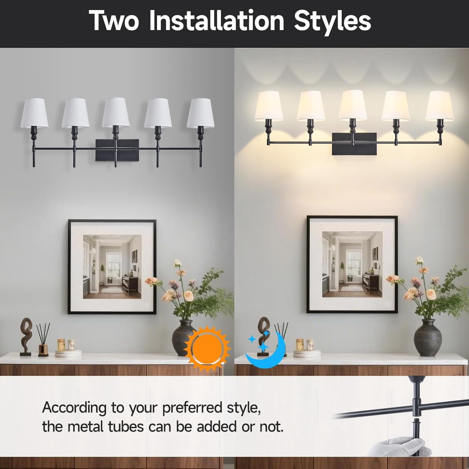 5-Light Vanity Lights for Bathroom,41 in Vintage Black Bathroom Vanity Light Fixtures,with Flared White Fabric Lampshade for Bedroom,Living Room,Foyer,Hardwired,E12 Base