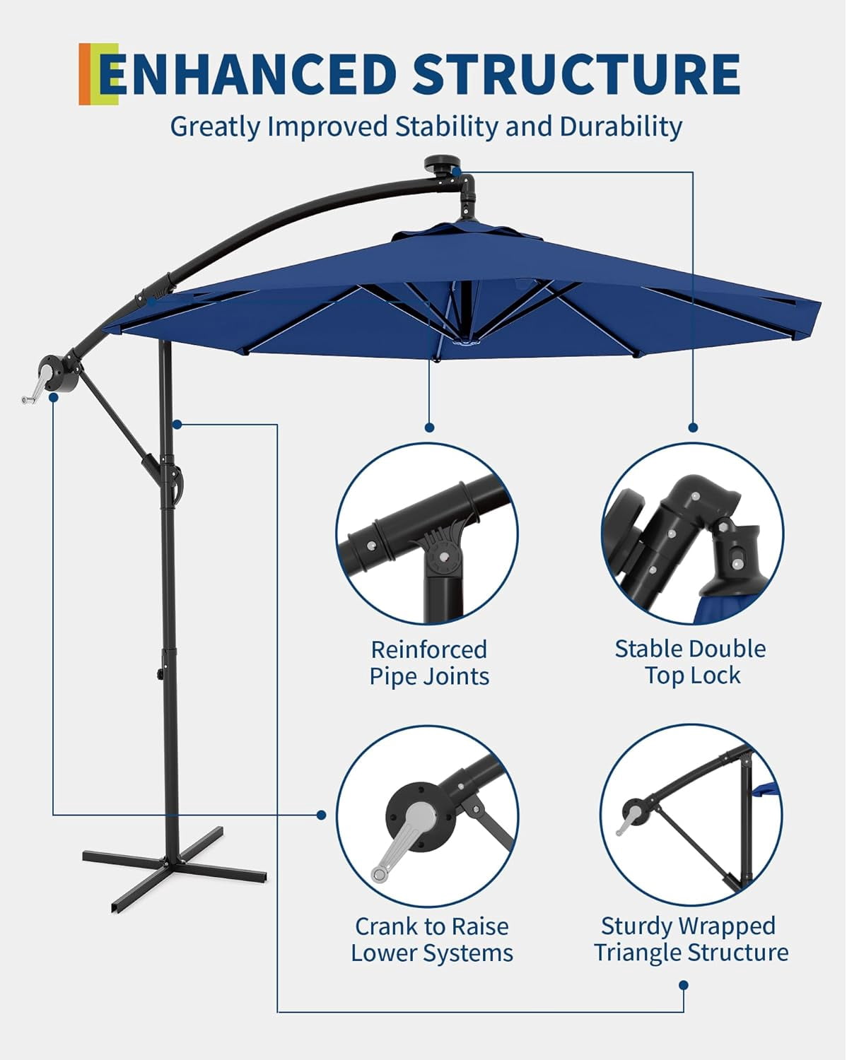 Memoryfield 10FT Cantilever Patio Umbrella with Cross Base, Outdoor Offset Market Umbrella with 360-degree Rotation and Infinite Tilt, for Backyard Lawn Garden and Pool, Navy Blue