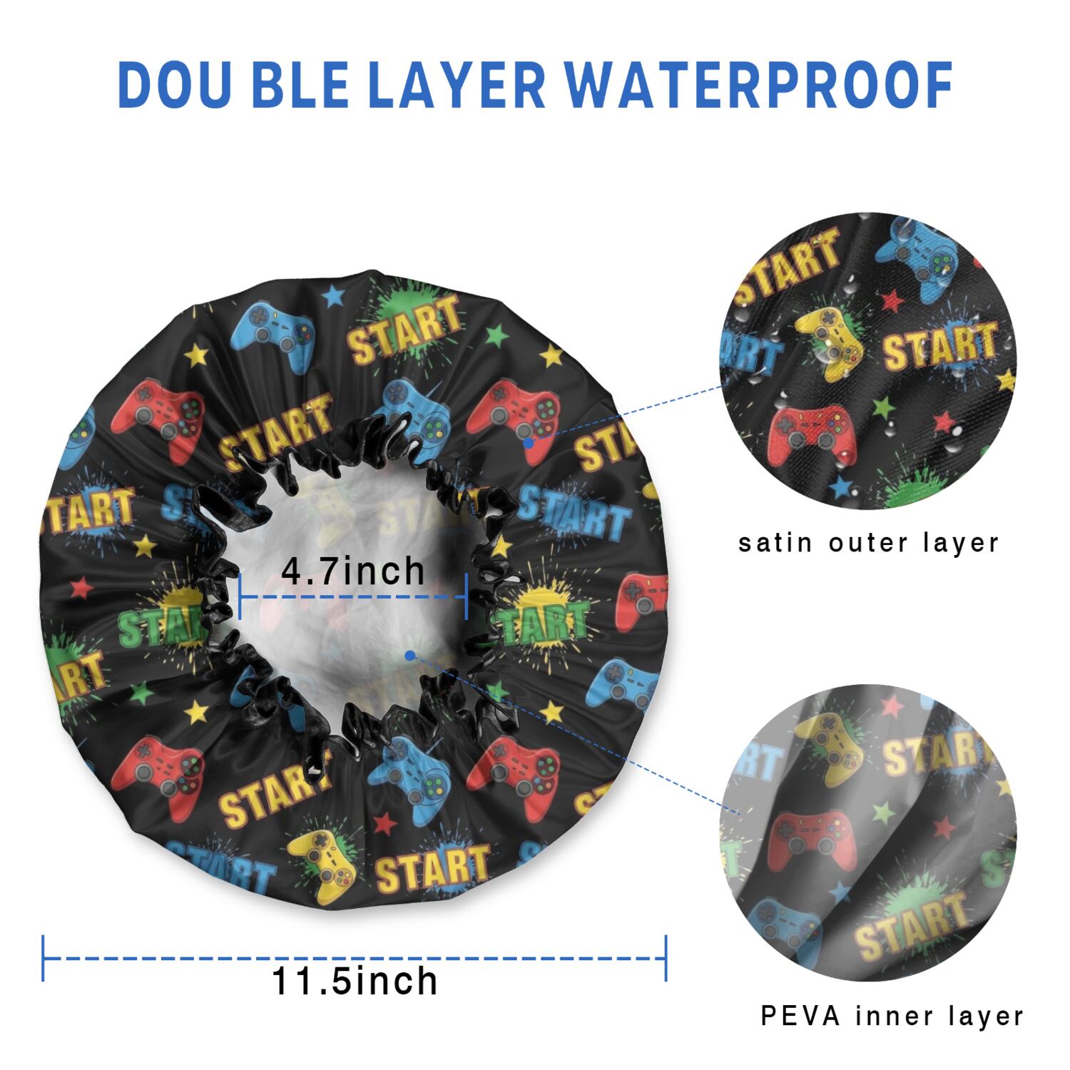 Shower Caps,Multicolor Controllers Games Icons Black Pattern Waterproof Shower Cap for Women 4 Pieces,Double Reusable Hair Cover for Shower PEVA Elastic Stretch Hem