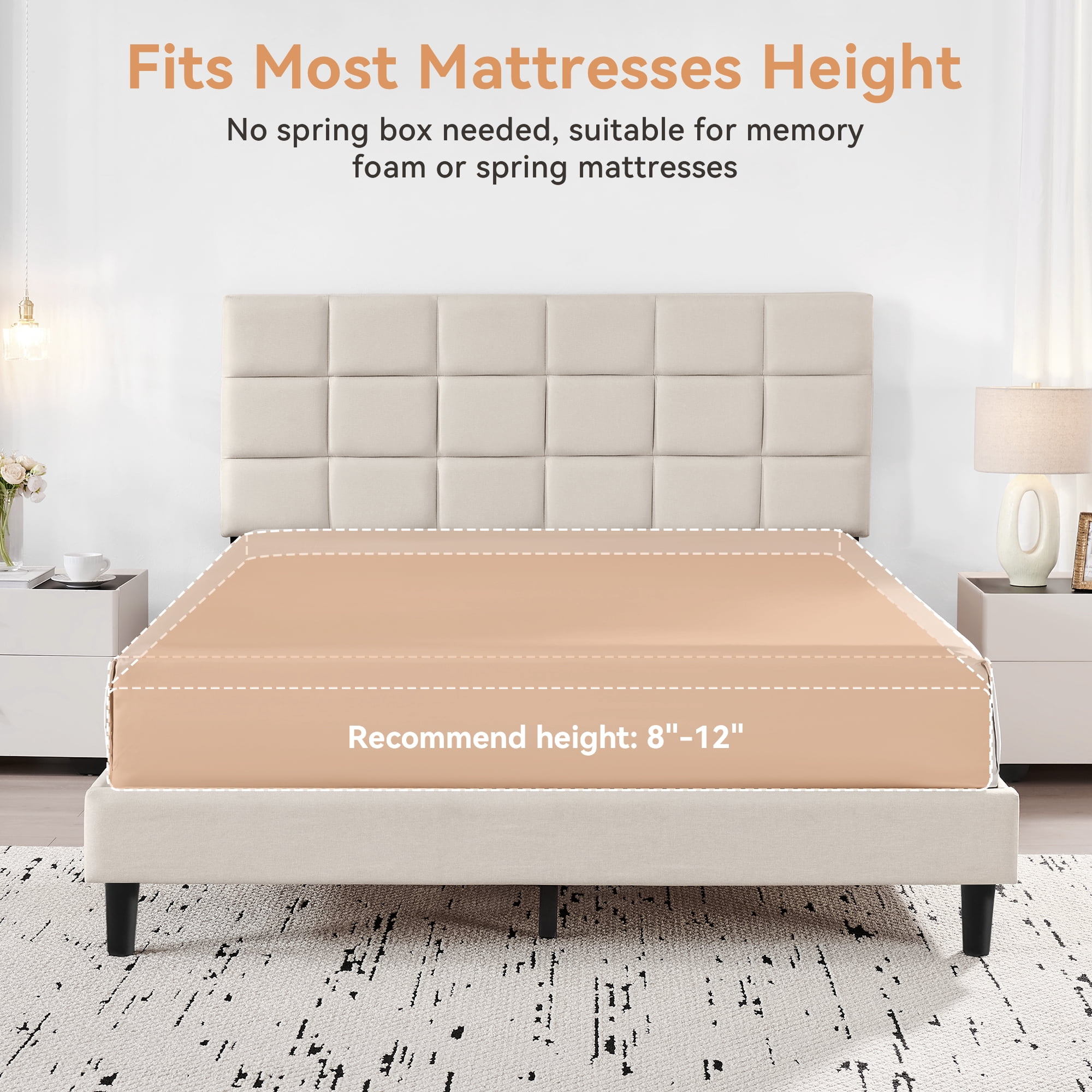 Sailvan Full Size Bed Frame with Headboard, Upholstered Bed Frame Full , Full Wood Slats Bed Frame, With 1000LBS, Height Adjustable, No-Noise, Easy to Assemble, Beige White