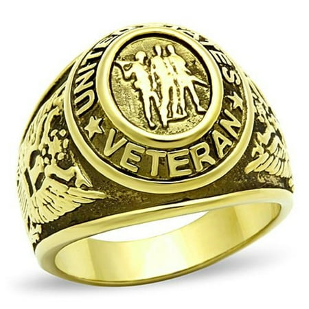Military Army Mens Ring - Mens Stainless Steel Gold IP US Veteran Military Ring-Sizes 8-14 Father's Day