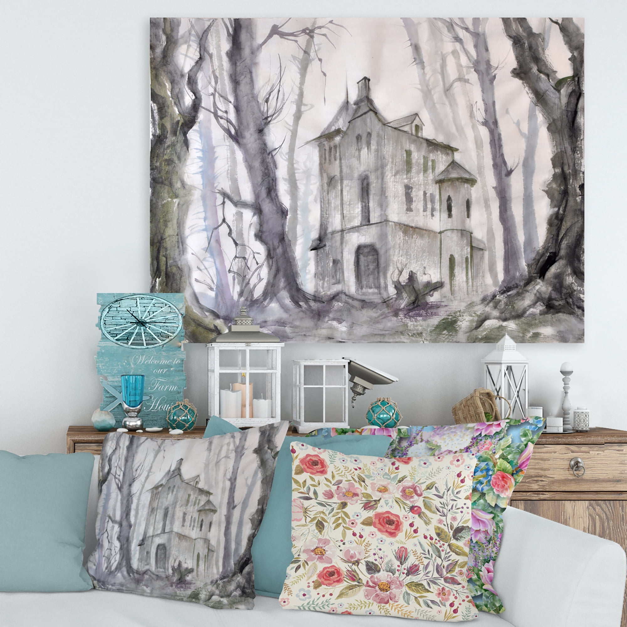 Old Haunted Castle In The Woods 40 in x 30 in Painting Canvas Art Print, by Designart