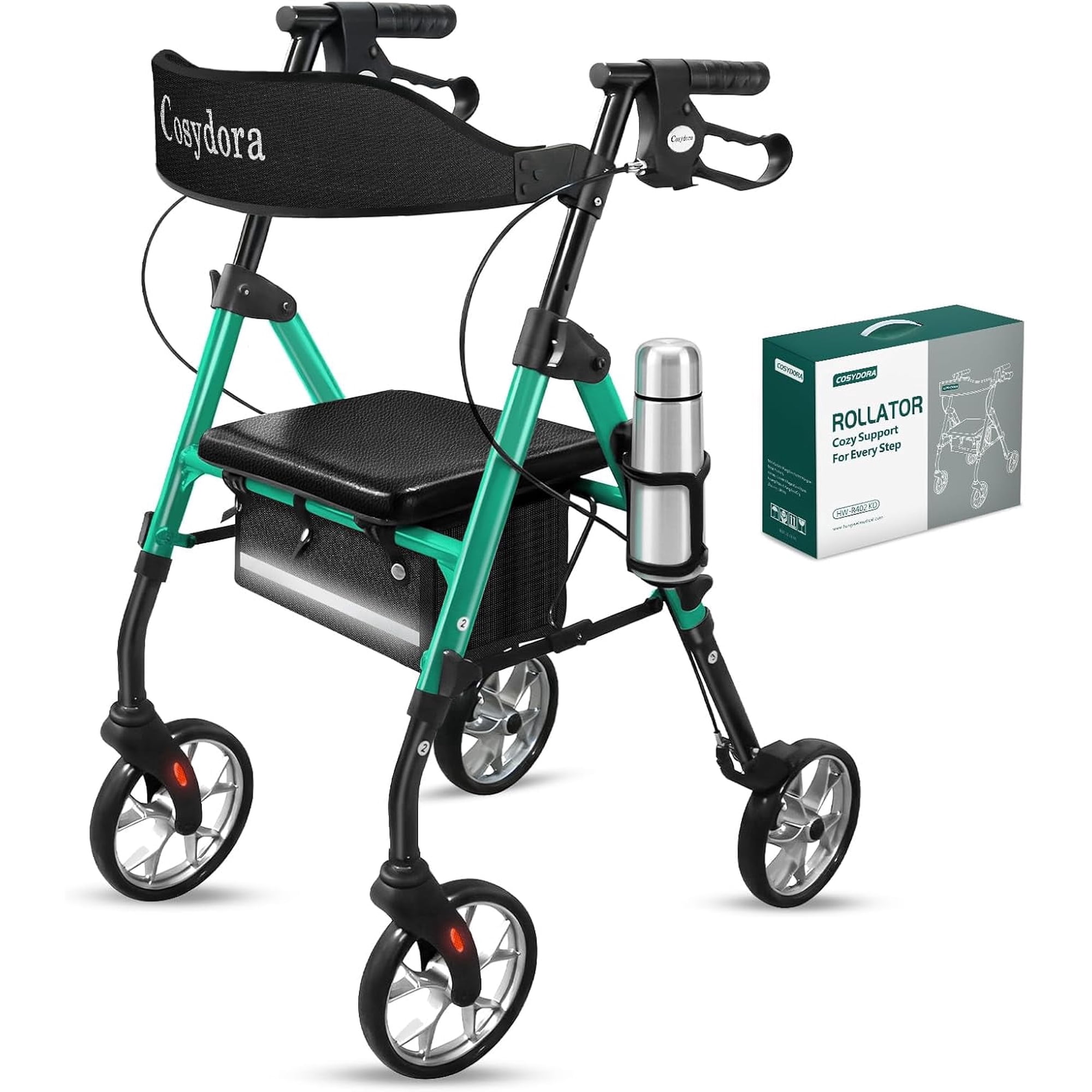 Cosydora Rollator Walkers for Seniors with Seat, 15 Lbs Ultra Lightweight Foldable Rolling Walker, 350Lbs Heavy Duty Aluminum, 8" All Terrain Wheels, Dual Adjustable Height, Shimmer Green