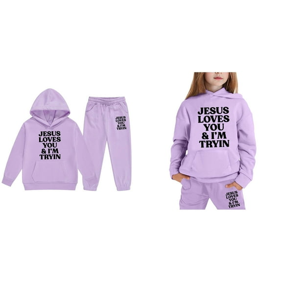 KidS Jesus Loves You Hooded Sweatshirts Long Sleeve Comfy Graphic Hoodies Oversize Pullover and Jogger Sweatpants 2 Piece Fall Clothes Little Boy Clothes 6-7 Years Cute Boys Girls Clothing