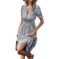thumbnail image 3 of Women'S Summer Ruffle Puff Sleeve Dress Short Sleeve V Neck High Waist Casual Loose Striped Midi Dresses Grey M, 3 of 8