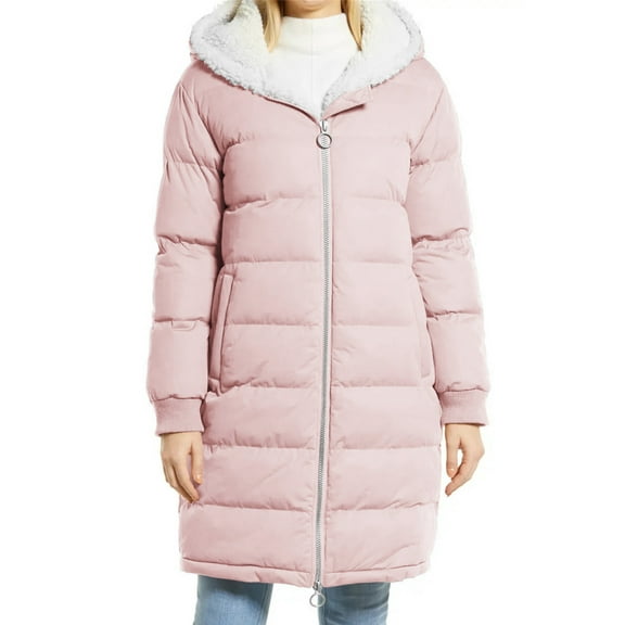 Viikei Winter Coats for Women Women's Winter Solid Long Sleeve Zip Pocket Hooded Casual Mid Length Warm Cotton Shirt