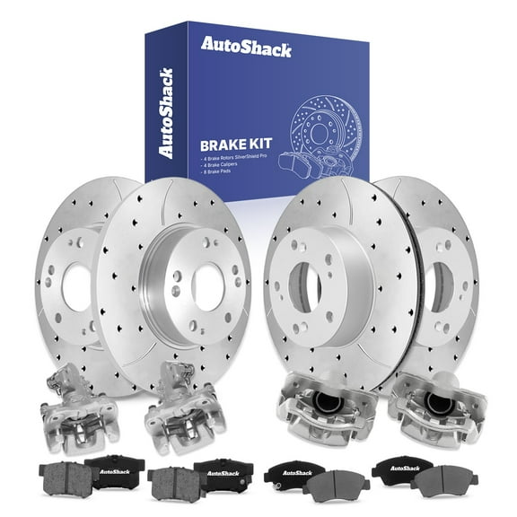 AutoShack Front Vented & Rear Solid Drilled & Slotted Silver Zinc Coated Brake Rotors   Ceramic Pads   Calipers 16-PC Brake Kit Replacement for 2009-2011 Honda Civic SilverShield Pro