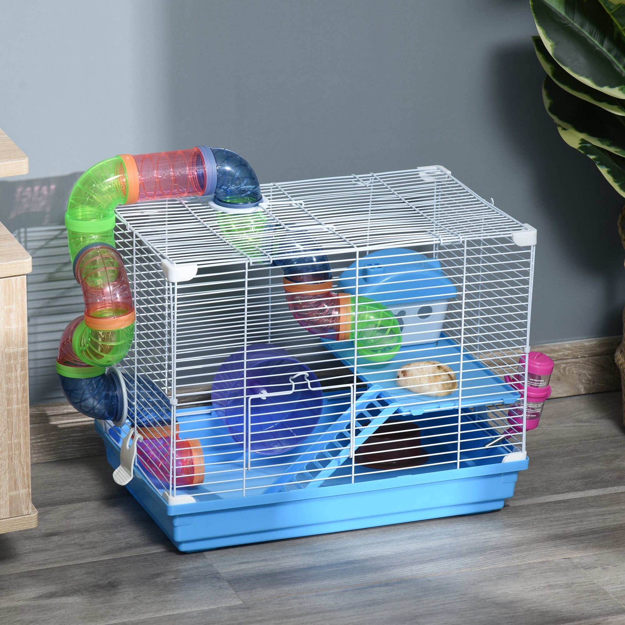 Pawhut 2-Level Hamster Cage Gerbil House Habitat Kit Small Animal Travel Carrier with Exercise Wheel, Play Tubes, Water Bottle, Food Dishes, & Interior Ladder
