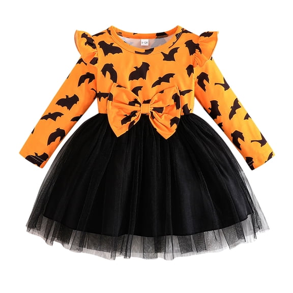 Ulitacool Newborn Halloween Dress For Girls Crewneck Hallowmas Long Sleeve Cartoon Graphic Sundress Elegant Playsuit 6-9 Months Orange