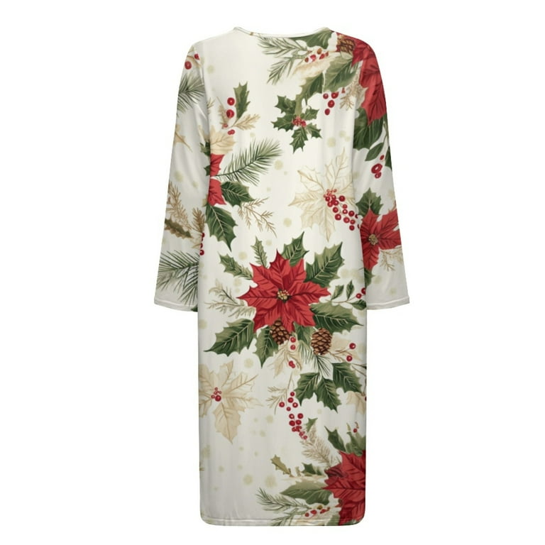 ladies christmas dressing gowns Yuyamidu Poinsettia Bathrobe Sleepwear for Women Christmas Long Sleeve Robe  with Zipper Lightweight Long Robes Loose Mid-Calf Length Nightgowns Xmas  Crewneck Dressing Gown Plus Size L