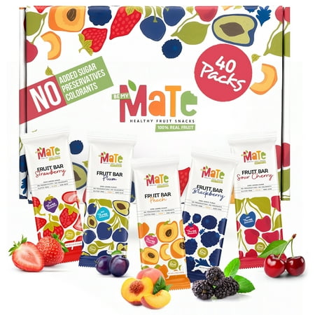 MaTe Healthy Fruit Bar Variety Pack, 40 Count, 100% Real Fruit Snacks, Gluten Free, Vegan, Non-GMO, No Added Sugar, Strawberry, Plum, Peach, Blackberry & Sour Cherry
