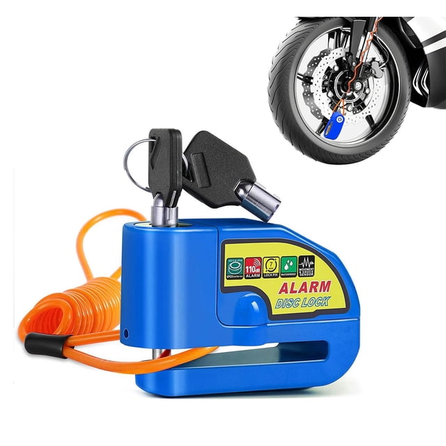 cerradura de alarma antirrobo con alarma de disco de freno para motocicletas alarma de seguridad a p NEWYOUTH azul, candado de disco en acero inoxidable color azul con llave insertada y cable recordatorio naranja de 1.3 m; etiqueta muestra "ALARM DISC LOCK", icono de 110 dB y sensor de vibración, capacidad 7 mm, modelo BJJ00255D-BL; montaje en disco de freno de motocicleta visible y apto también para asegurar cascos o bicicletas durante viajes cortos.