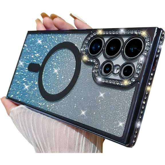 for Samsung Galaxy S24 Ultra Magnetic Case[Compatible with Magsafe],Luxury Glitter Bling Rhinestone Sparkle Shiny TPU Bumper and Camera Lens Protection Cases for Women Girls-Blue