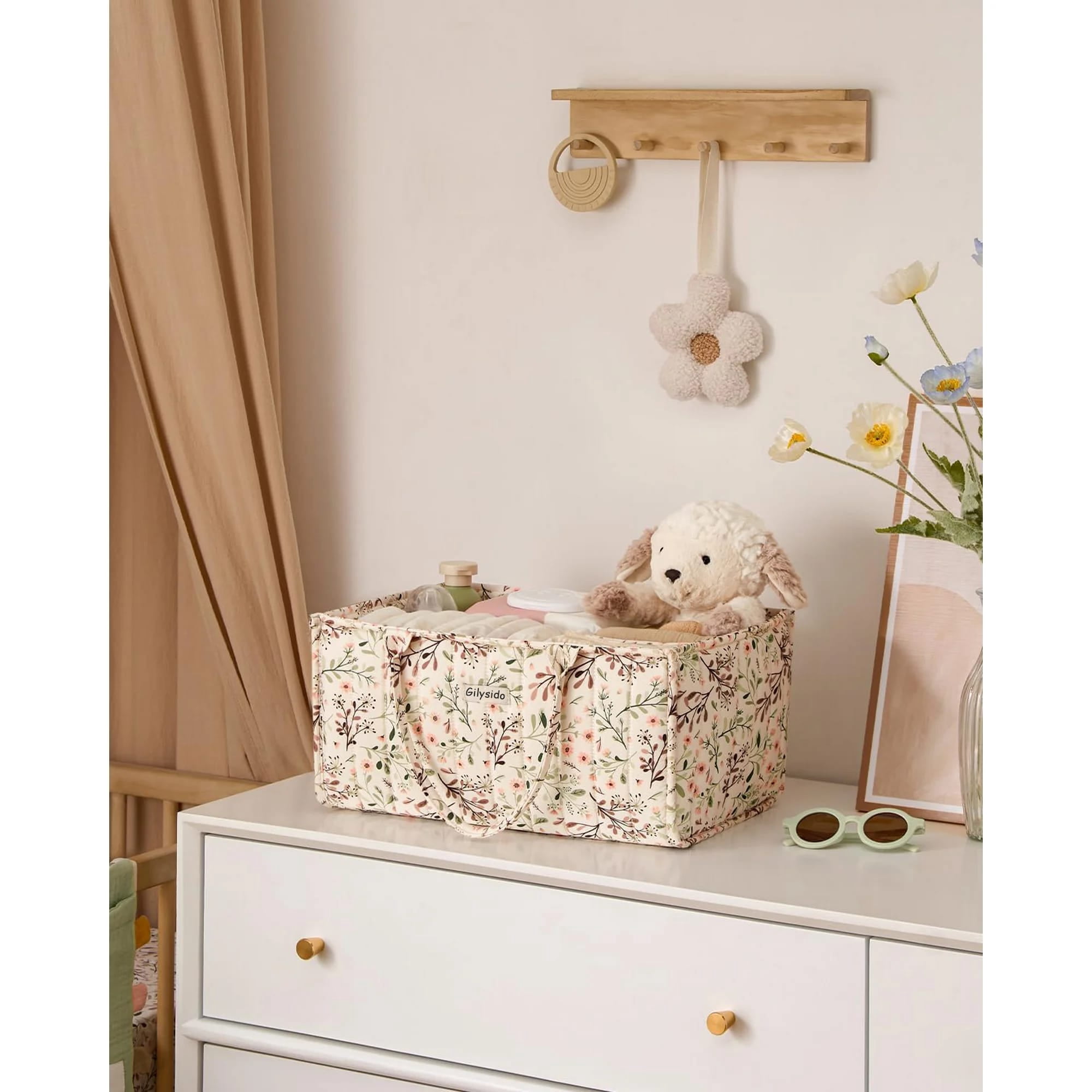 Gilysido  Floral Diaper Caddy Organizer, Cotton Baby Basket, Gift for Baby Shower, Newborn Essentials, Pastoral Daisy