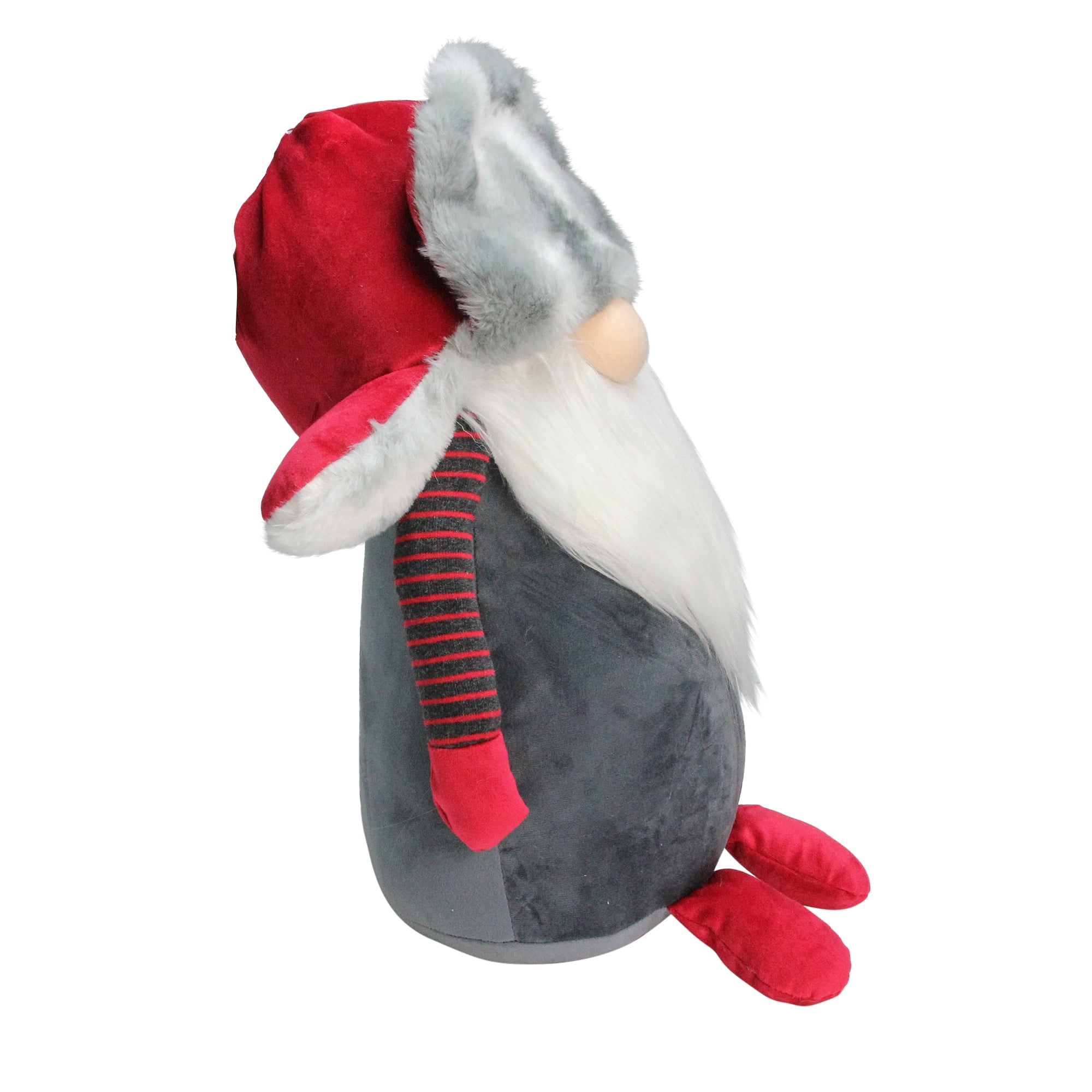Northlight Gnome with Fur Trapper Hat and Striped Arms Christmas Figure - 14" - Grey and Red