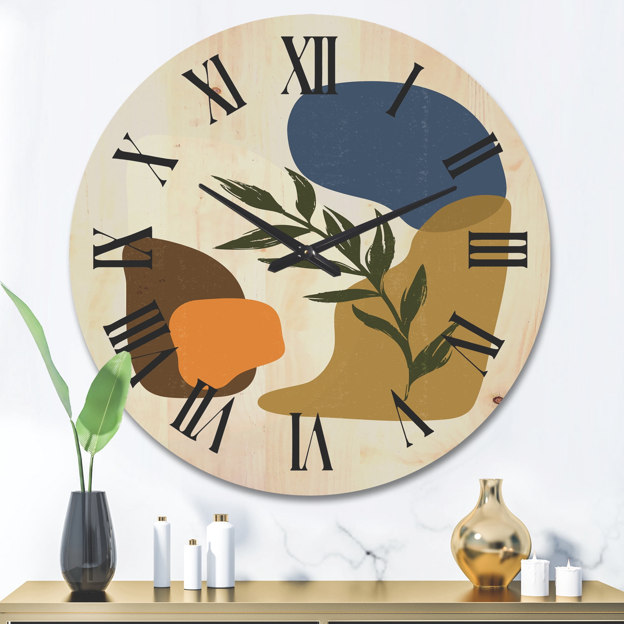 Designart 'Green Leaf With Botanical Minimalist Shapes' Modern Wood Wall Clock
