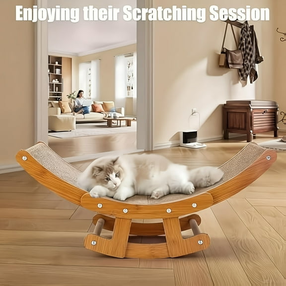 Cat Hammock Scratcher Bed with Sisal Pad, Elevated Wooden Rocking Chair Lounge for Large Indoor Cats