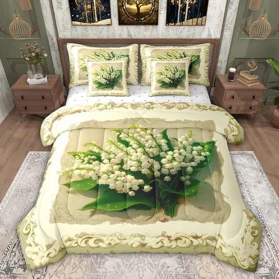 Feelyou White Flower Floral Bedding Comforter Set 7 Pieces, Plant Botanical Full Bedding Set, Bohemian Western Damask Reversible Fitted Sheet Flat Sheet, Microfiber Bedroom Decor