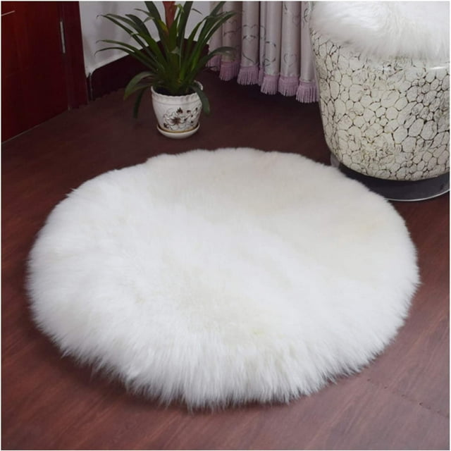 Round Mat Home Decor Faux Fur Sheepskin Rugs Kids Carpet Nursery Bedroom Fluffy Rug Shaggy Area Rug, Diameter 2ft White