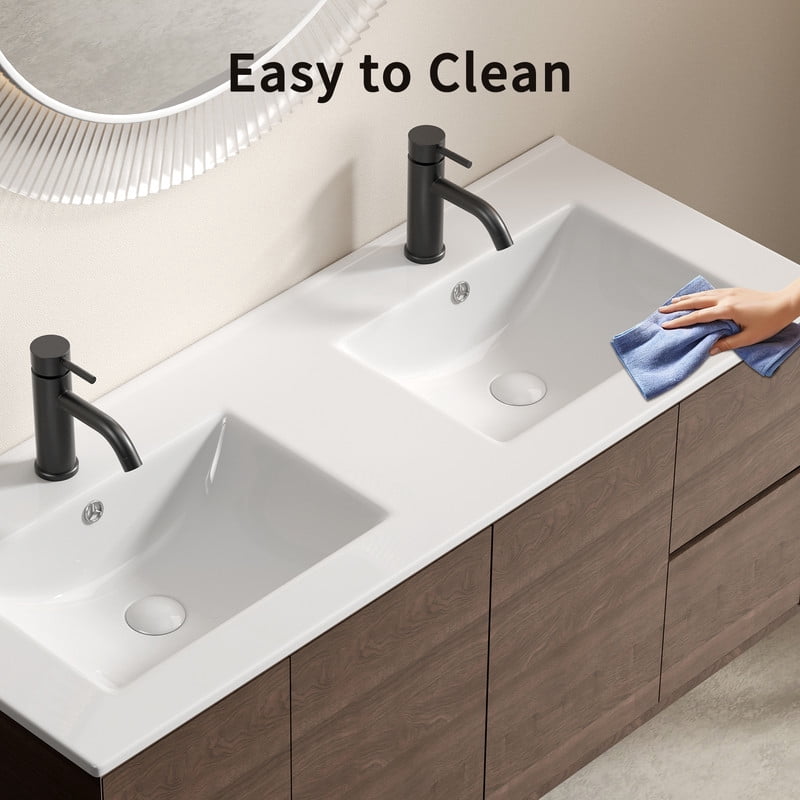 TICOZE Large 48 Inch Double Bowl Ceramic Bathroom Sink, Thin Edge Dual Vanity Sink, White Porcelain Ceramic Sink for Countertop Installation