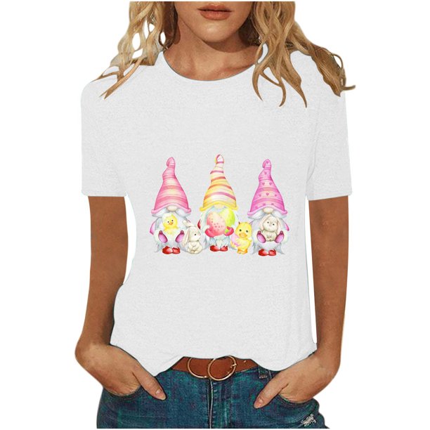 Pascua mujer casual manga corta impreso cuello redondo blusa camiseta damas tops Pompotops hkajfhjk461083