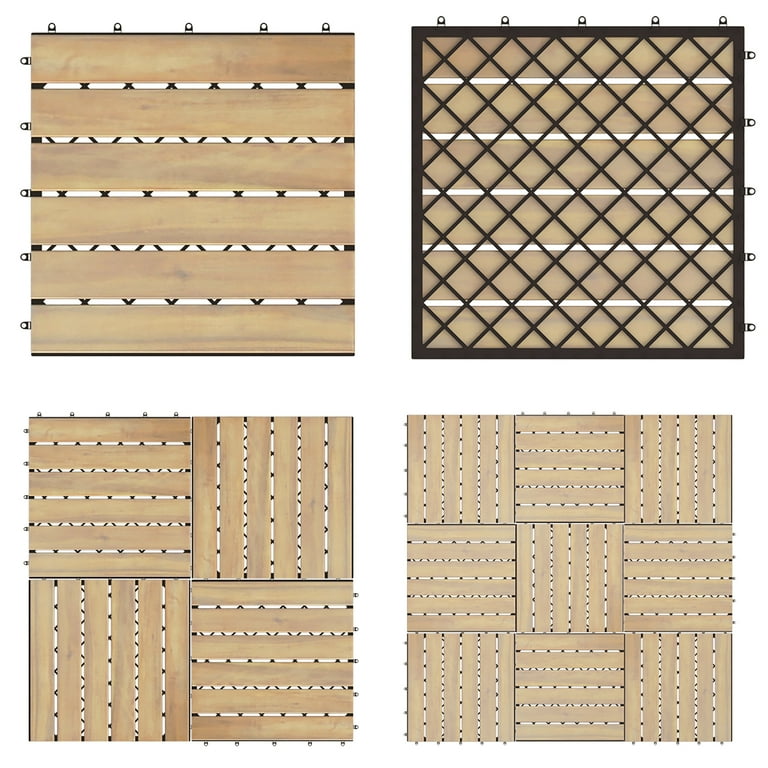 Costway 10PCS 12'' x 12'' Acacia Wood Deck Tiles Interlocking Patio Pavers Stripe Pattern Costway 10PCS 12'' x 12'' Acacia Wood Deck Tiles Interlocking Patio Pavers Stripe Pattern