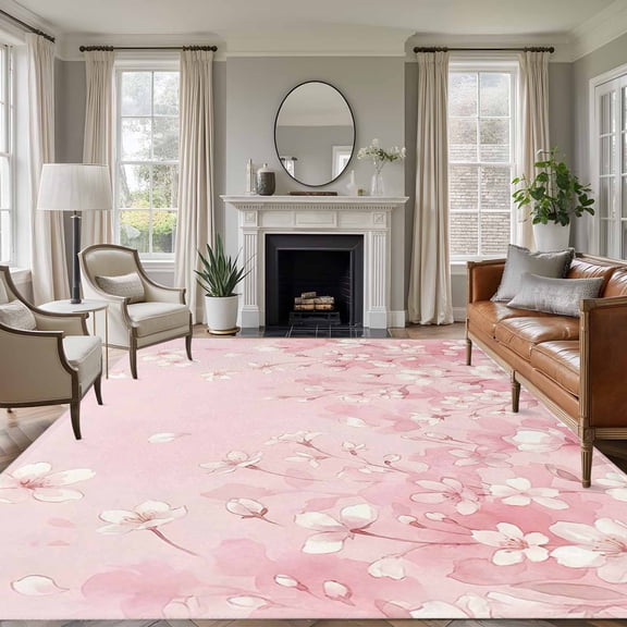 Pink Cherry Blossom Area Rugs 5'x7', Washable Small Throw Rugs for Laundry Room Playroom, Spring Modern Farmhouse Floral Indoor Outdoor Rug Non-Slip Low Pile Carpet Runner Reversible Floor Mats