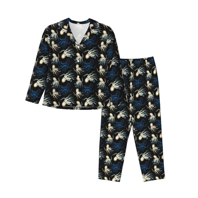 Balery Octopus 1 Conjunto de Pijama con Estampado para Mujer, Conjunto de Dos Piezas con Manga Larga, Ropa de Dormir Suave con Bolsillos, Pijamas Cómodos-Small