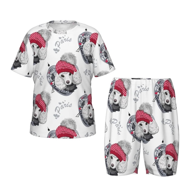 Fotbe Cute Poodle Dog Pijama Estampada de 2 Piezas para Niños – Ropa de Dormir de Manga Corta Cómoda para Niños y Niñas, Camiseta y Shorts de Algodón-Medium