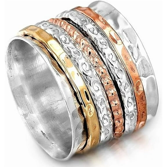 Spinner Ring for Women 925 Sterling Silver with Copper and Brass Fidget Bands Wide