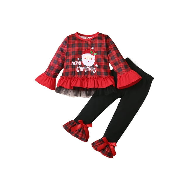 FOCUSNORM Ensemble de Hauts à Manches Longues et Pantalons Longs à Carreaux pour Filles