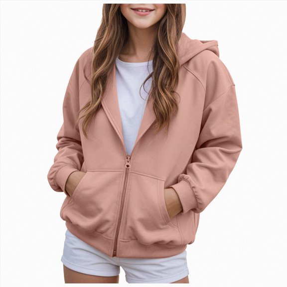 Wonitaaizi Oversized Hoodie for Girls Fall Winter Trendy Long Sleeve Zip Up Hooded Sweatshirt Cute Preppy Teens Clothes (7-8 Years,Pink)
