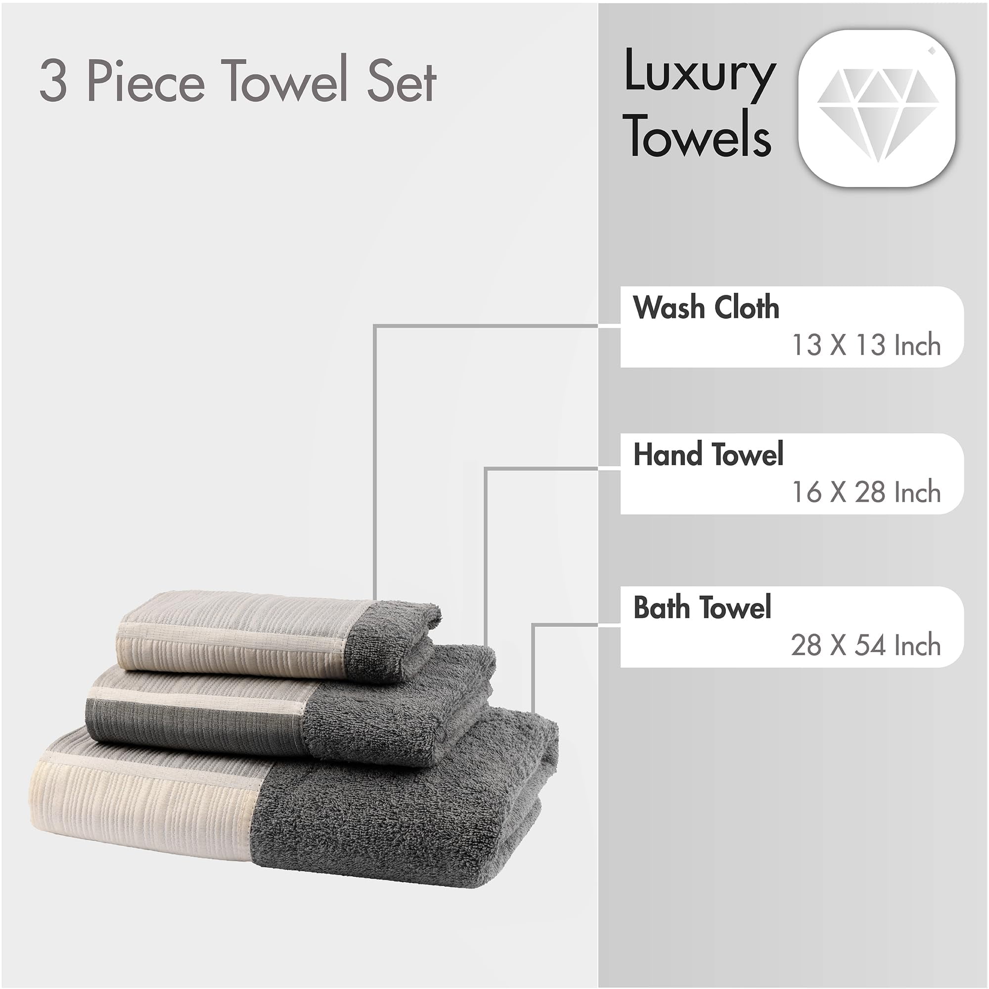Zahari Home Modern Line Towel Set - 3-Piece Bath Ensemble with Unique Design - Luxury Bath, Hand, and Wash Towels - Contemporary Decor for Beautiful Bathroom