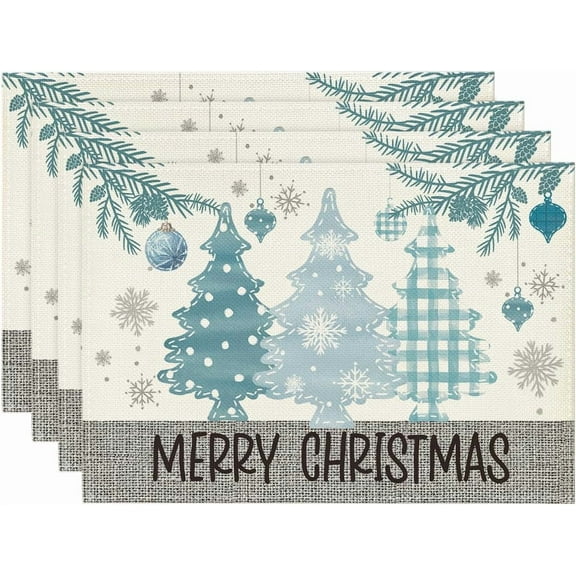 mubwai Blue Pine Trees Balls Merry Christmas Placemats Set of 4, 12x18 Inch Winter Xmas Table Mats for Party Kitchen Dining Decoration