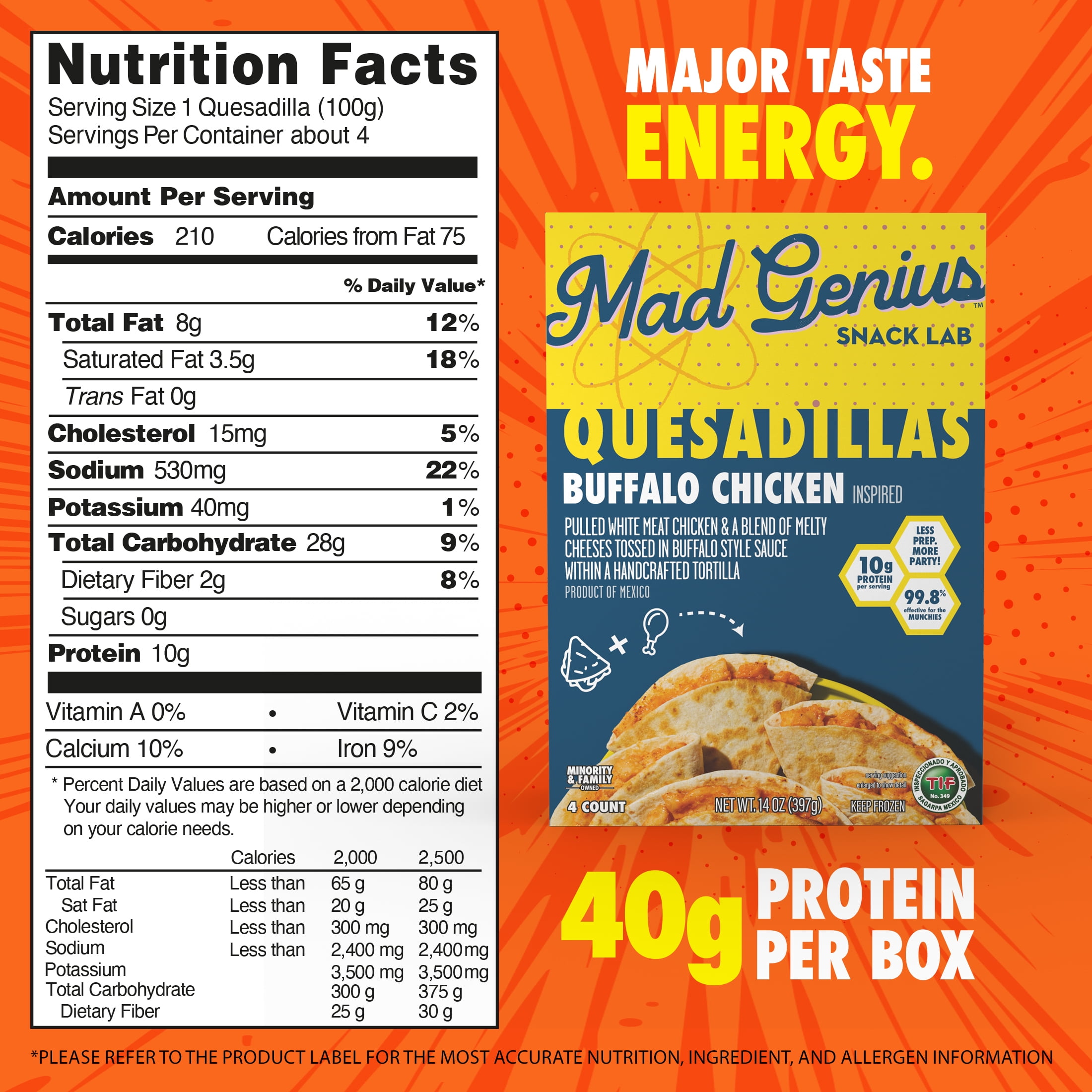 Mad Genius Buffalo Chicken Quesadillas, 14oz (Frozen), 10g of Protein per Serving