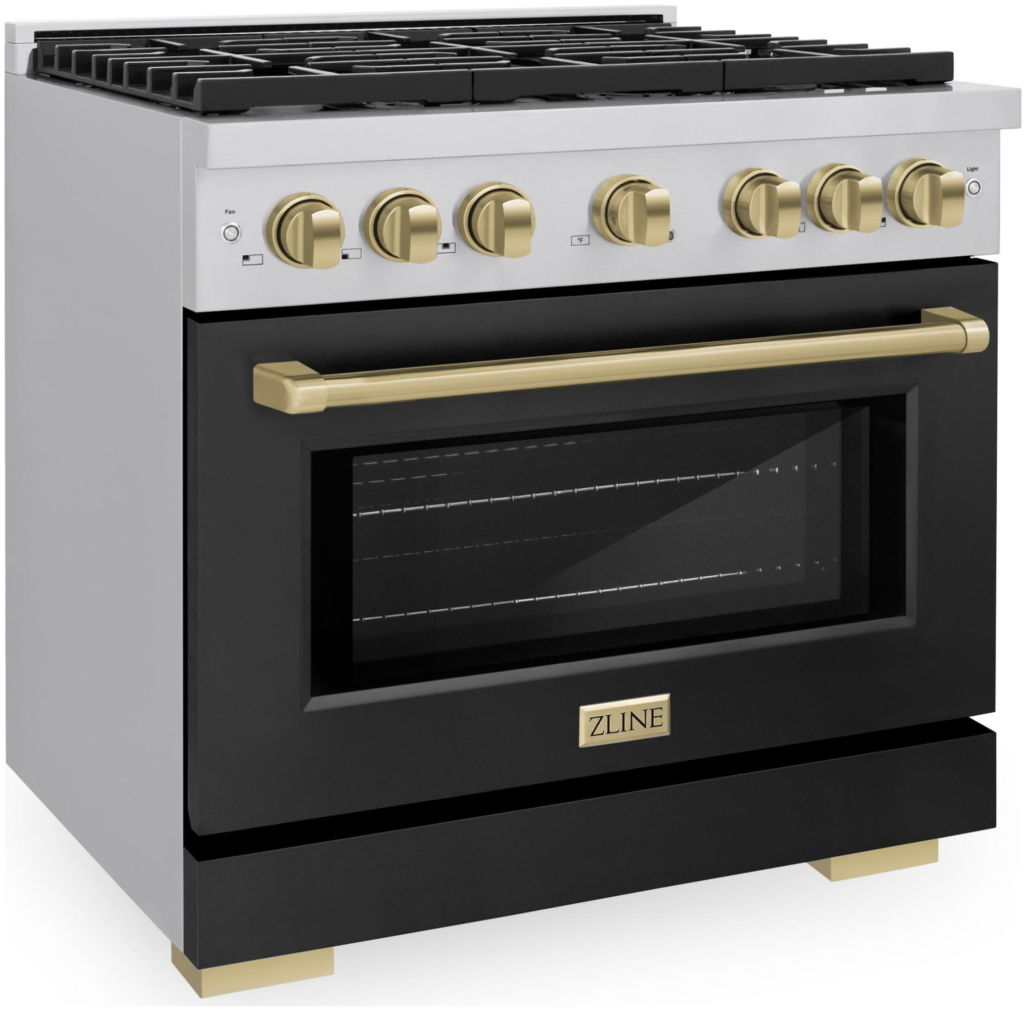 ZLINE Autograph Edition 36 in. 5.2 cu. ft. 6 Burner Gas Range with Convection Gas Oven in Stainless Steel with Black Matte Door and Champagne Bronze Accents (SGRZ-BLM-36-CB)