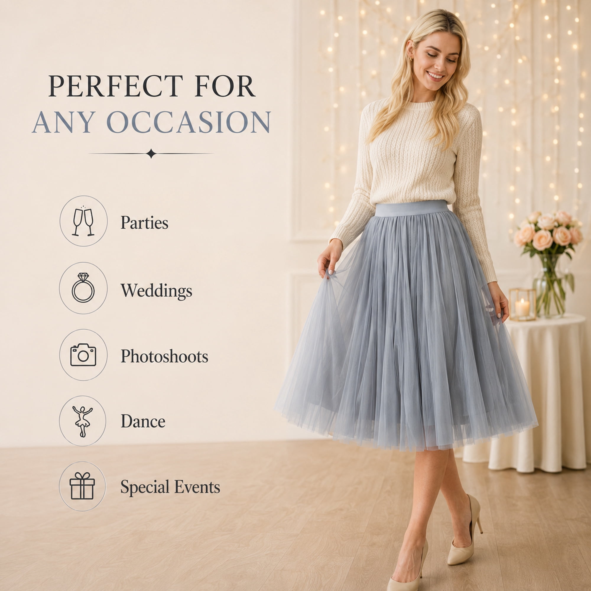 Women’s Gray Tulle Midi Skirt, Layered A-Line Tutu Skirt, One Size Elastic Waist Party Skirt