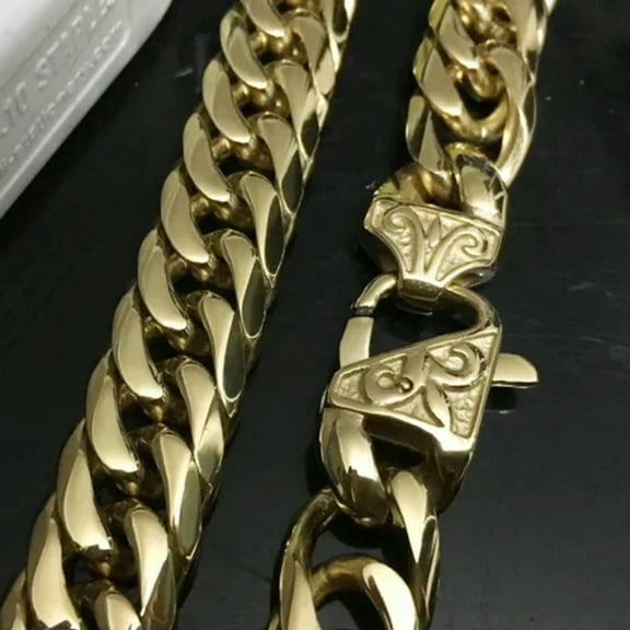 EOEMY Heavy 13/16mm 316L Stainless Steel Solid Cuban Chain Curb Mens Necklace Bracelet-16mm-32Inch Or 81Cm-Gold