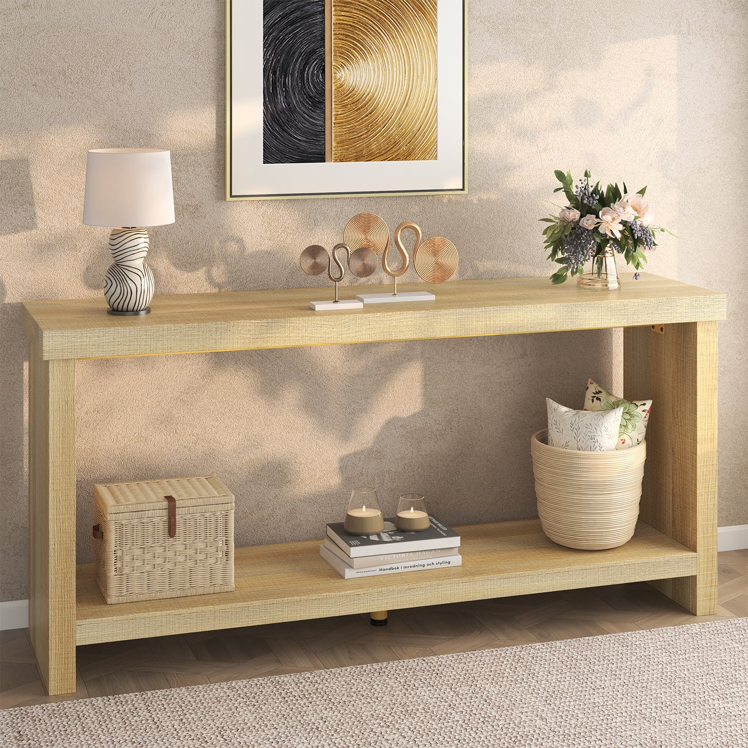 63-inch Long Console Table with 2-Tier Storage Shelves, Narrow Sofa Table Behind Couch, Farmhouse Entryway Table for Hallway & Living Room, Foyer Table in Oak Natural