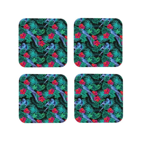 

Coasters Set of 4 - Cute Parrot Palm Leaf Plant Drink Coasters for Tabletop Protection Leather Coasters for Living Room Decor and Housewarming Gift Square