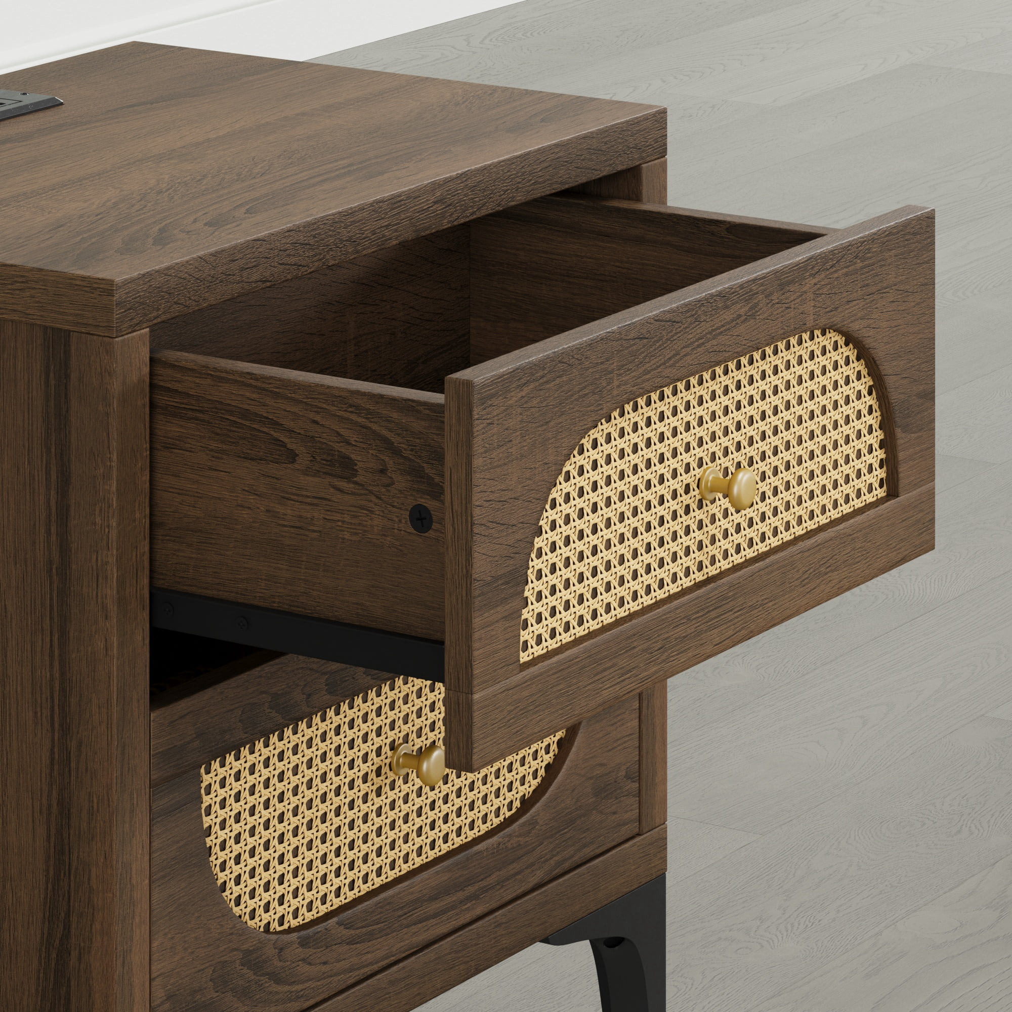 Spruce & Spring Boho Nightstands Set of 2, 2-Drawer End Tables with Charging Station, Rattan Front, Columbia Brown Wood Finish