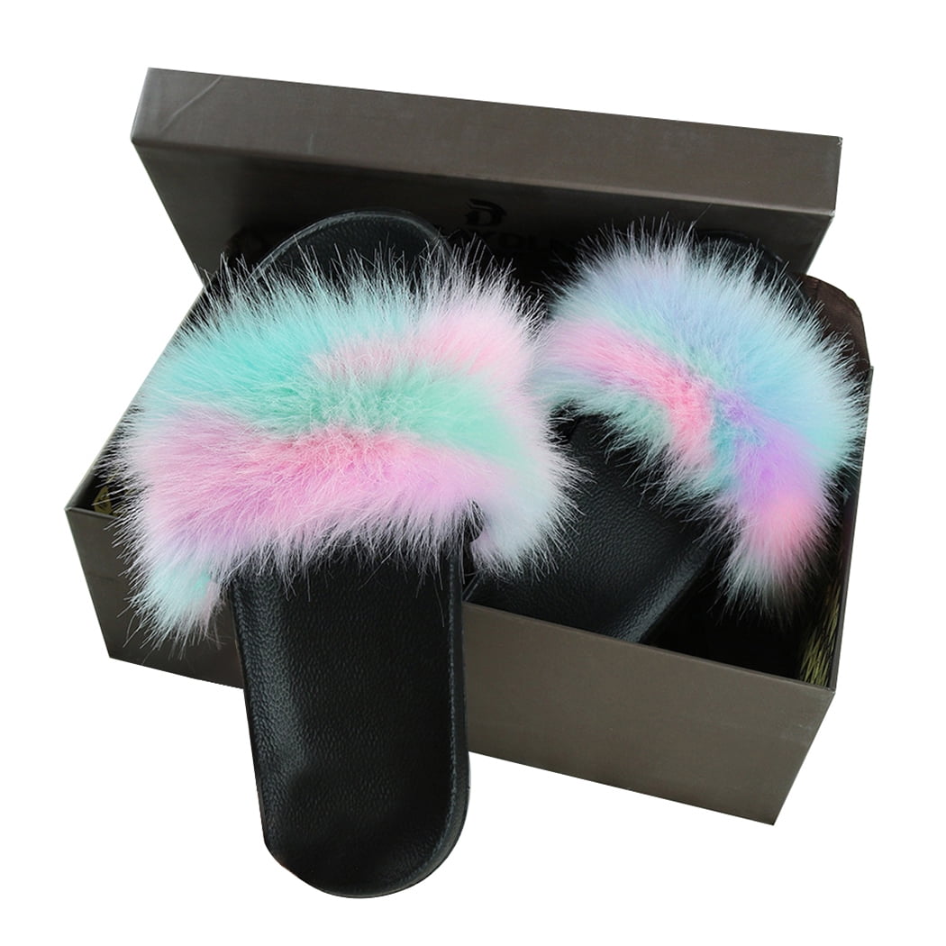 Pink and Green Fur Slippers