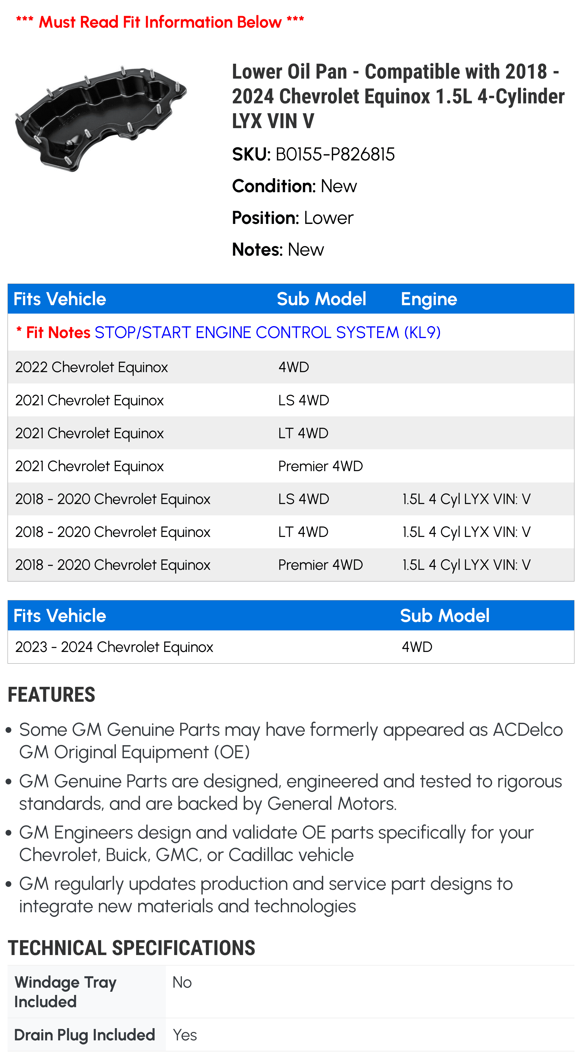 Lower Oil Pan - Compatible with 2018 - 2024 Chevrolet Equinox 1.5L 4-Cylinder LYX VIN V - AC Delco