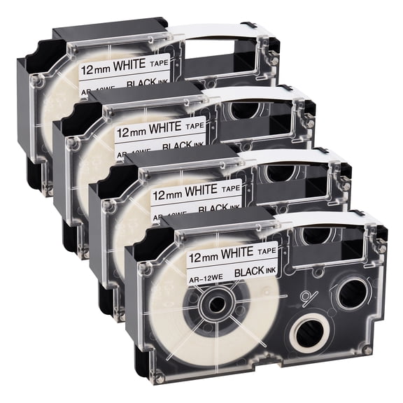 GREENCYCLE 4PK Black on White Label Tape Compatible for Casio XR12WE XR-12WE (12mm 1/2''x 8m 26ft) EZ Label Printer
