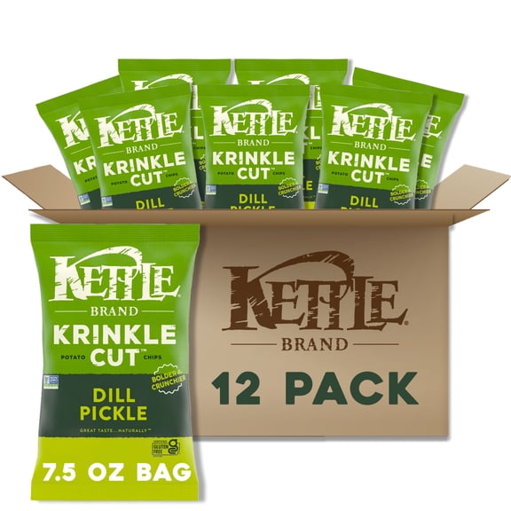 (12 pack) Kettle Brand Potato Chips, Krinkle Cut, Dill Pickle Kettle Chips, 7.5 oz