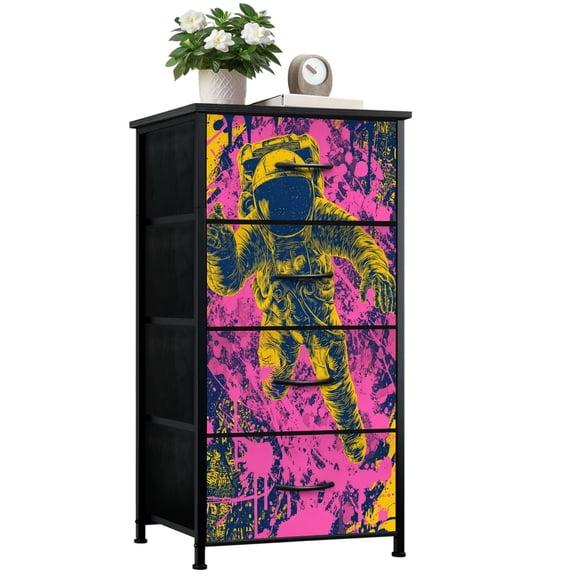 Modern Dresser for Bedroom with 4 Storage Drawers Graffiti Space Astronaut Street Painting Dressers Chest of Drawers Steel Framed Fabric Closet Organizers for Entryway Boy Room Man Cave